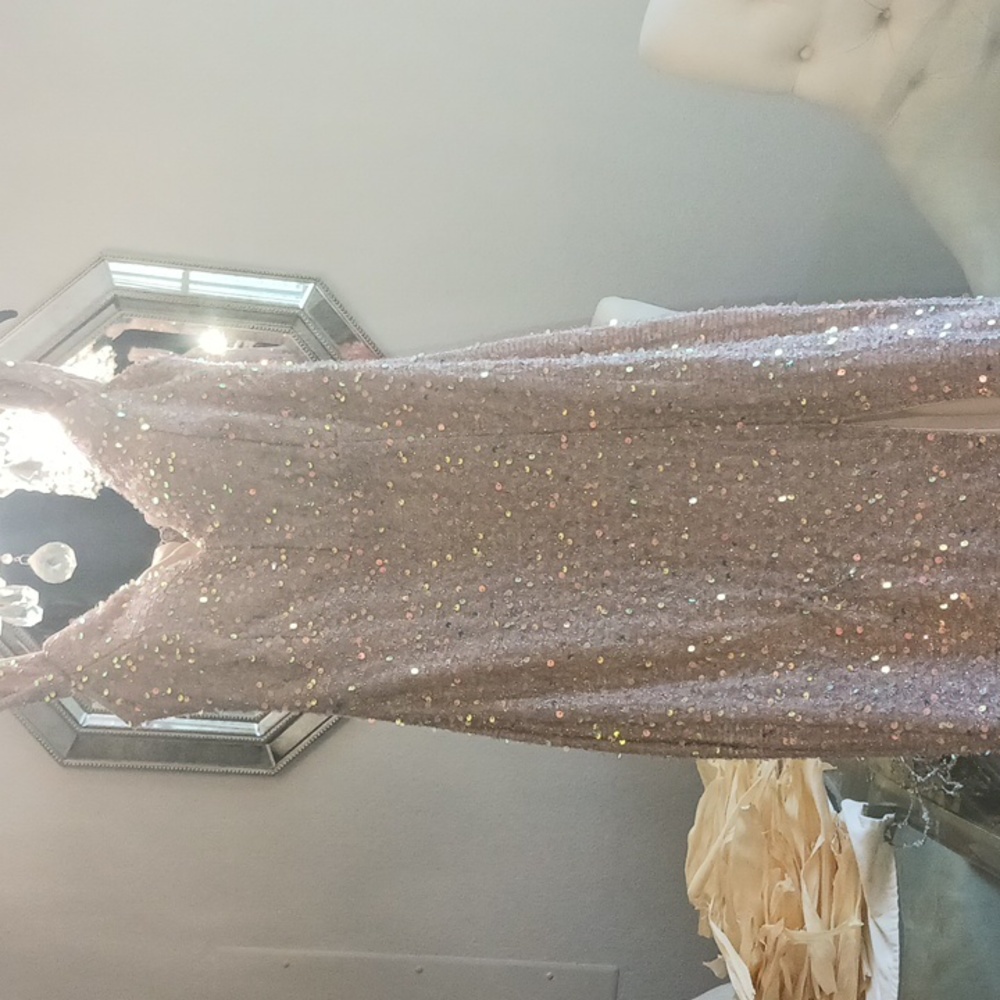 Sparkly rose gold glitter dress with a cut